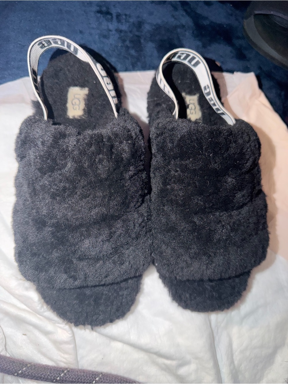 UGG Black Plush Slingback Slide Sandals